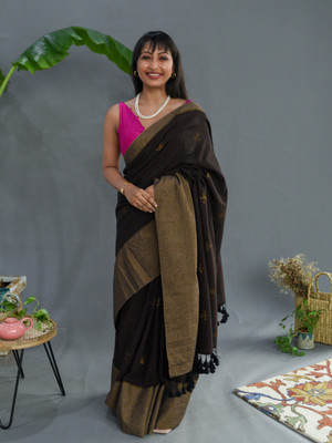 Suta Self Design Handloom Pure Cotton Saree(Brown)