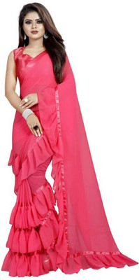 Queen worth Solid/Plain Bollywood Georgette Saree(Pink)