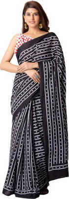 Clothonus Printed, Self Design, Hand Painted, Blocked Printed, Graphic Print Ikkat Pure Cotton Saree(White, Black)