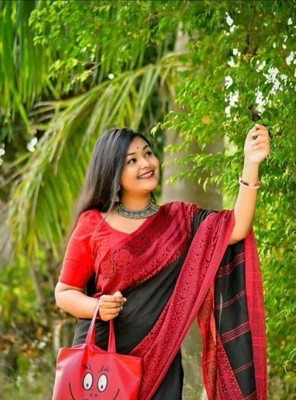dwip sarees Printed Chanderi Chanderi Saree(Black, Maroon)