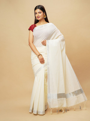 Manvish Drapes Solid/Plain Kasavu Pure Cotton Saree(White)