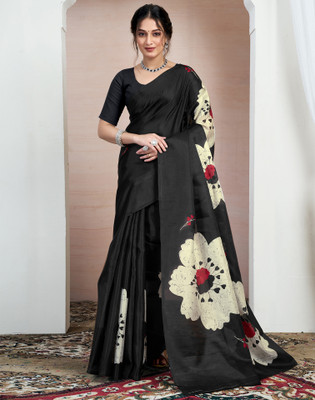 Samah Floral Print, Printed Daily Wear Cotton Blend Saree(Black)