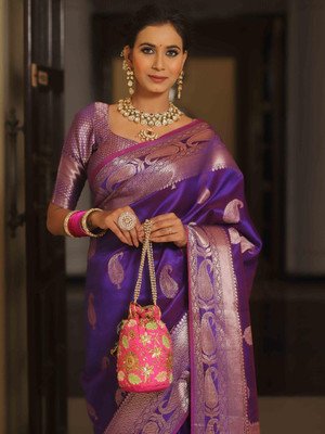 Madhav Creation Woven Banarasi Art Silk Saree(Purple)