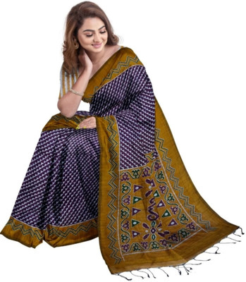 Bhadra Printed Sambalpuri Pure Cotton Saree(Blue, Yellow)