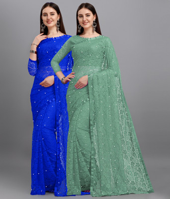 LOROFY Self Design Bollywood Net, Brasso Saree(Pack of 2, Multicolor)