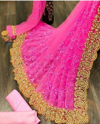 SkyFlock Embroidered, Embellished Bollywood Net Saree(Pink)