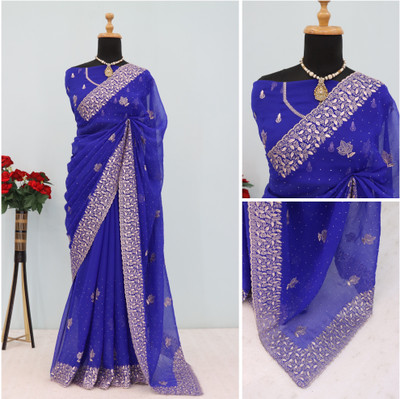 CHAMUNDA CREATION Embroidered Bollywood Organza Saree(Light Blue)