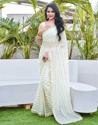 Satrani Dyed, Embellished Bollywood Chiffon, Georgette Saree(White, Gold)