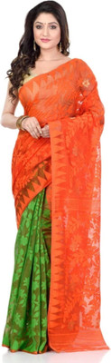 Revival Woven Jamdani Cotton Blend Saree(Green, Orange)