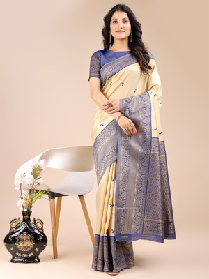Pandadi Saree Woven Banarasi Cotton Silk Saree(Cream, Dark Blue)