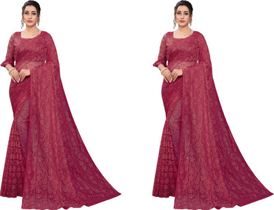 Nilkanthvarni Creation Self Design Bollywood Net Saree(Pack of 2, Maroon)