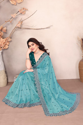 Mikhushop Embroidered Bollywood Supernet Saree(Light Blue)