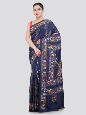 PinkLoom Embroidered Kantha Silk Blend Saree(Blue)