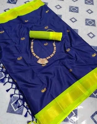 NST5 Woven Paithani Cotton Silk Saree(Blue, Light Green)
