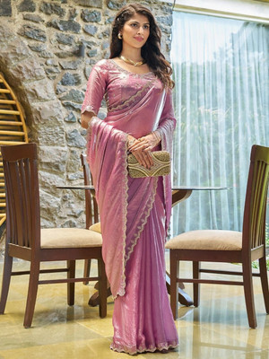 M.S.RETAIL Embellished Bollywood Satin Saree(Pink)