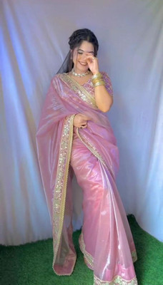 ShivGori Embroidered Bollywood Tissue, Silk Blend Saree(Pink)