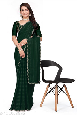 PARMMRAA DESIGNER Self Design Bollywood Raw Silk Saree(Green)