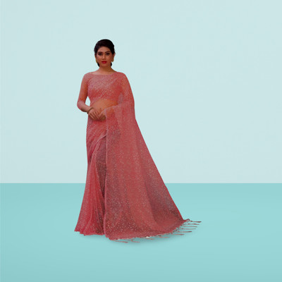 MAAFAB Self Design Bollywood Net Saree(Pink)
