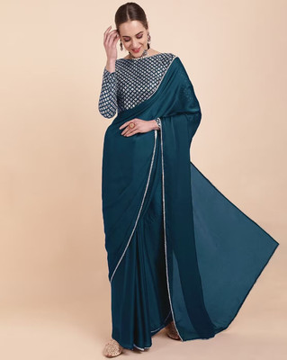SOLITIQ Embellished, Solid/Plain Bollywood Georgette Saree(Blue)