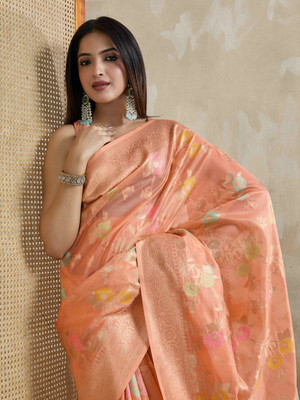 Tasrika Woven Banarasi Organza Saree(Orange)