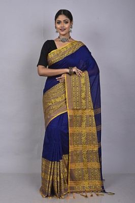 Tant Boutique Woven Handloom Cotton Blend Saree(Blue, Yellow)