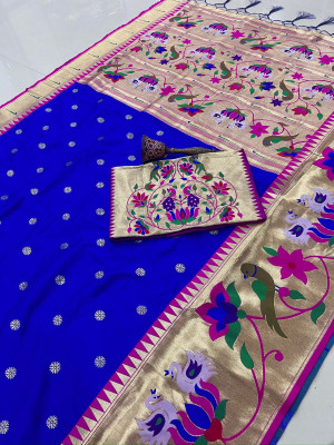 HouseOfCommon Woven Paithani Cotton Silk Saree(Blue)