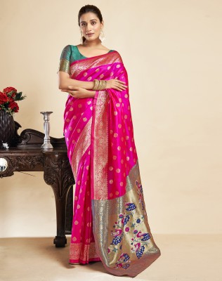 SIRIL Self Design, Woven Paithani Silk Blend Saree(Magenta, Blue)