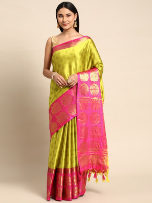 HouseOfCommon Woven, Checkered, Embellished, Self Design Banarasi Jacquard, Cotton Silk Saree(Light Green)