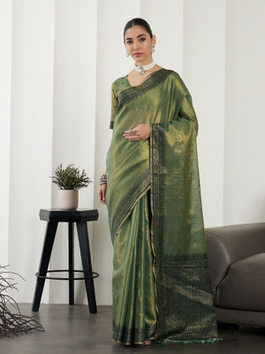 Vichitra Woven, Self Design Banarasi Tissue, Silk Blend Saree(Green)