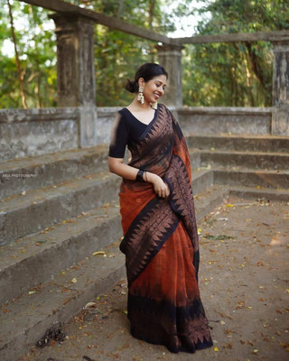 ANUVRATA Self Design Banarasi Jacquard Saree(Black, Orange)