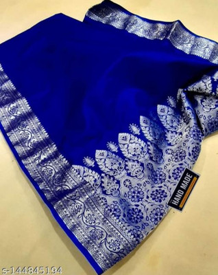 SareeGlow Woven Banarasi Satin Saree(Dark Blue)
