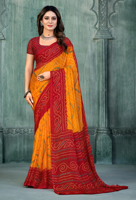 TIARAA Geometric Print Bandhani Chiffon Saree(Multicolor)