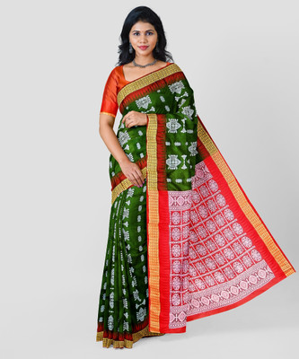 rgsaree Self Design Sambalpuri Silk Blend Saree(Green, Red)