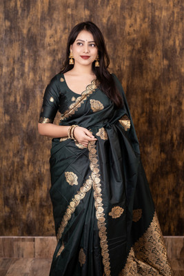 Tasrika Woven Banarasi Silk Blend Saree(Black)