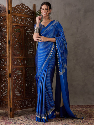 HouseOfCommon Striped, Printed Bollywood Silk Blend Saree(Blue)