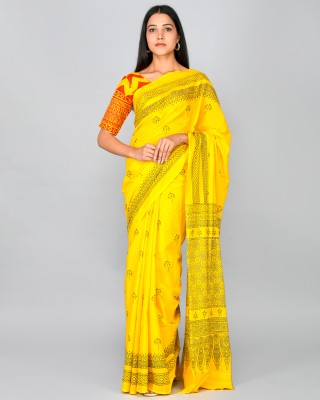 ABHIT CREATION Blocked Printed Daily Wear Pure Cotton Saree(Yellow)