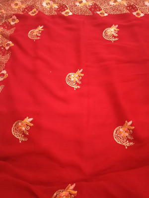 Chhavistore Embroidered Saree with Attached Blouse Georgette Saree(Red)