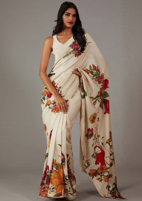 ROOP SUNDARI SAREES Floral Print Bollywood Silk Blend Saree(White, Red)