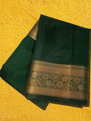 AMR FABRICS Solid/Plain Mangalagiri Handloom Cotton Silk Saree(Dark Green)