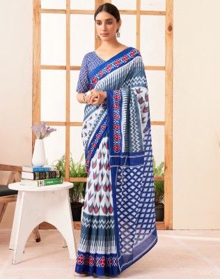 SIRIL Printed Handloom Pure Cotton Saree(White, Dark Blue, Multicolor)