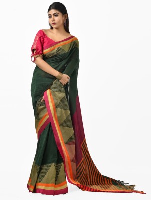 crochetin Woven Handloom Handloom Cotton Blend Saree(Dark Green)