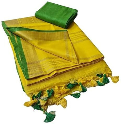 HAIDER ALI AND SONS Solid/Plain Handloom Cotton Linen Saree(Yellow)
