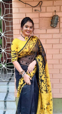 SP Boutique Embroidered Jamdani Cotton Silk Saree(Black, Yellow)