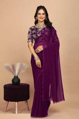PARI DESIGNER Solid/Plain, Embellished Daily Wear Georgette Saree(Purple)
