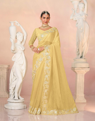 Laxmipati sarees Embroidered Bollywood Organza Saree(Yellow)