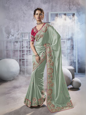 odette Embellished Saree with Attached Blouse Georgette Saree(Pack of 2, Green)