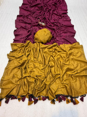 WELLBREAD Solid/Plain Handloom Mulmul Saree(Pink, Mustard)