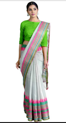 Balika bodhu Self Design Handloom Pure Cotton Saree(Multicolor, White)