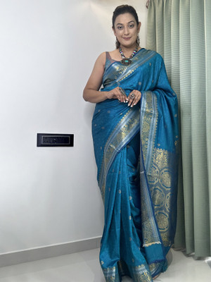 Sareemall Printed Banarasi Silk Blend Saree(Light Blue)
