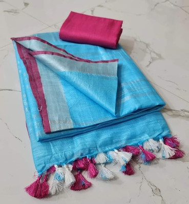 WEAVE TRENDS Solid/Plain, Woven Bollywood Dupion Silk Saree(Blue)